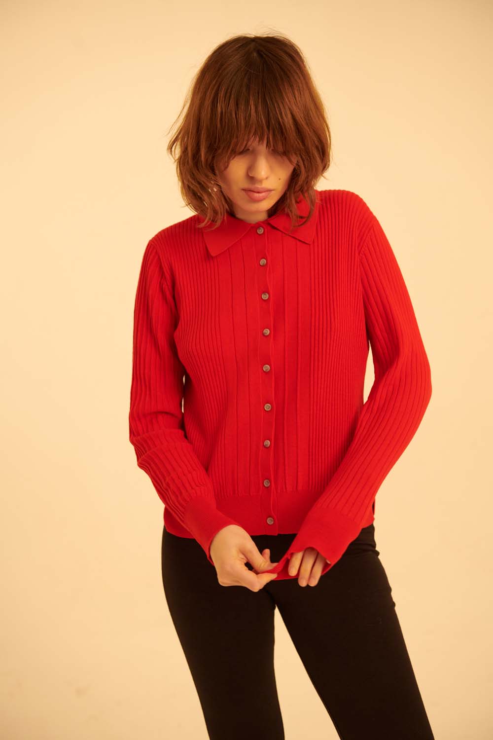 Ribbed Wool Long Sleeve Polo in Red
