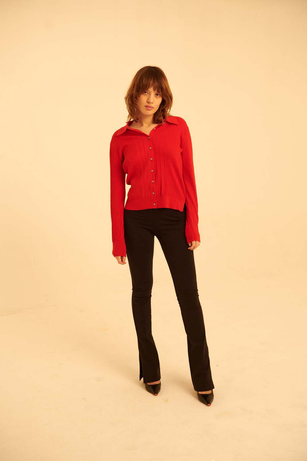 Ribbed Wool Long Sleeve Polo in Red