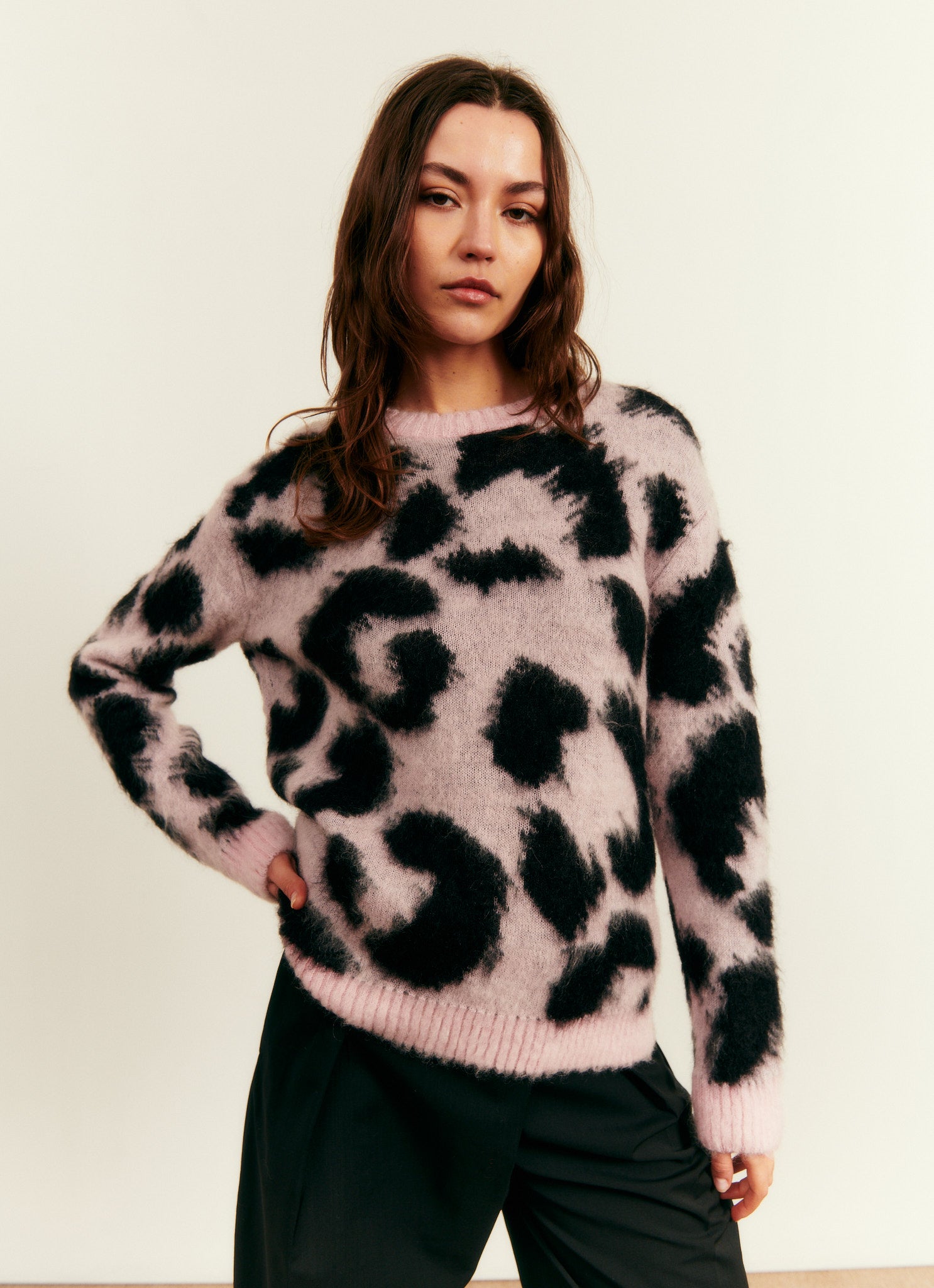 Leopard Mohair Blend Boxy Knit in Pink