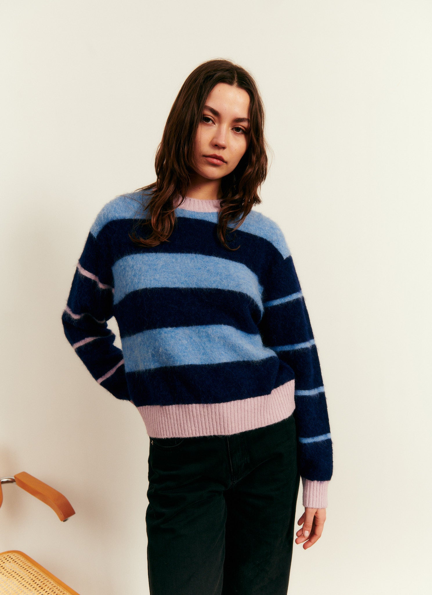 Brushed Alpaca Multi Stripes Knit in Blue