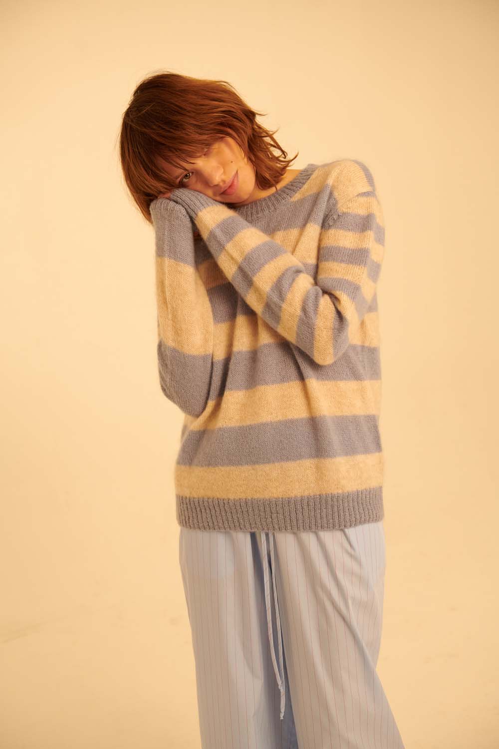 Striped Boxy Mohair Blend Knit in Blue/Cream