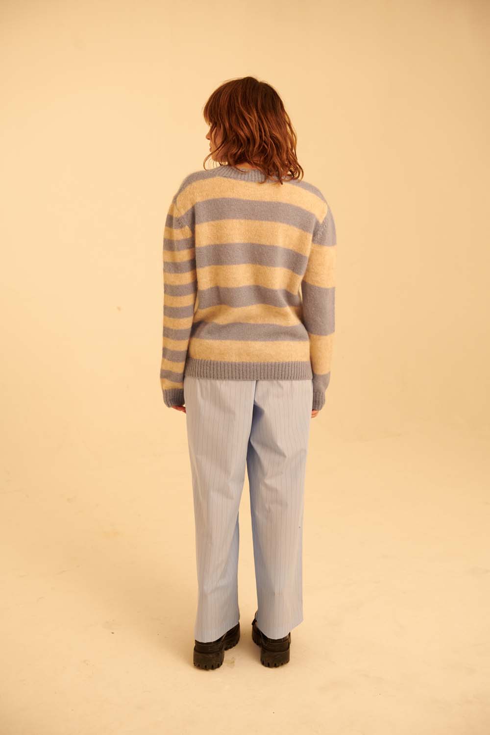 Striped Boxy Mohair Blend Knit in Blue/Cream