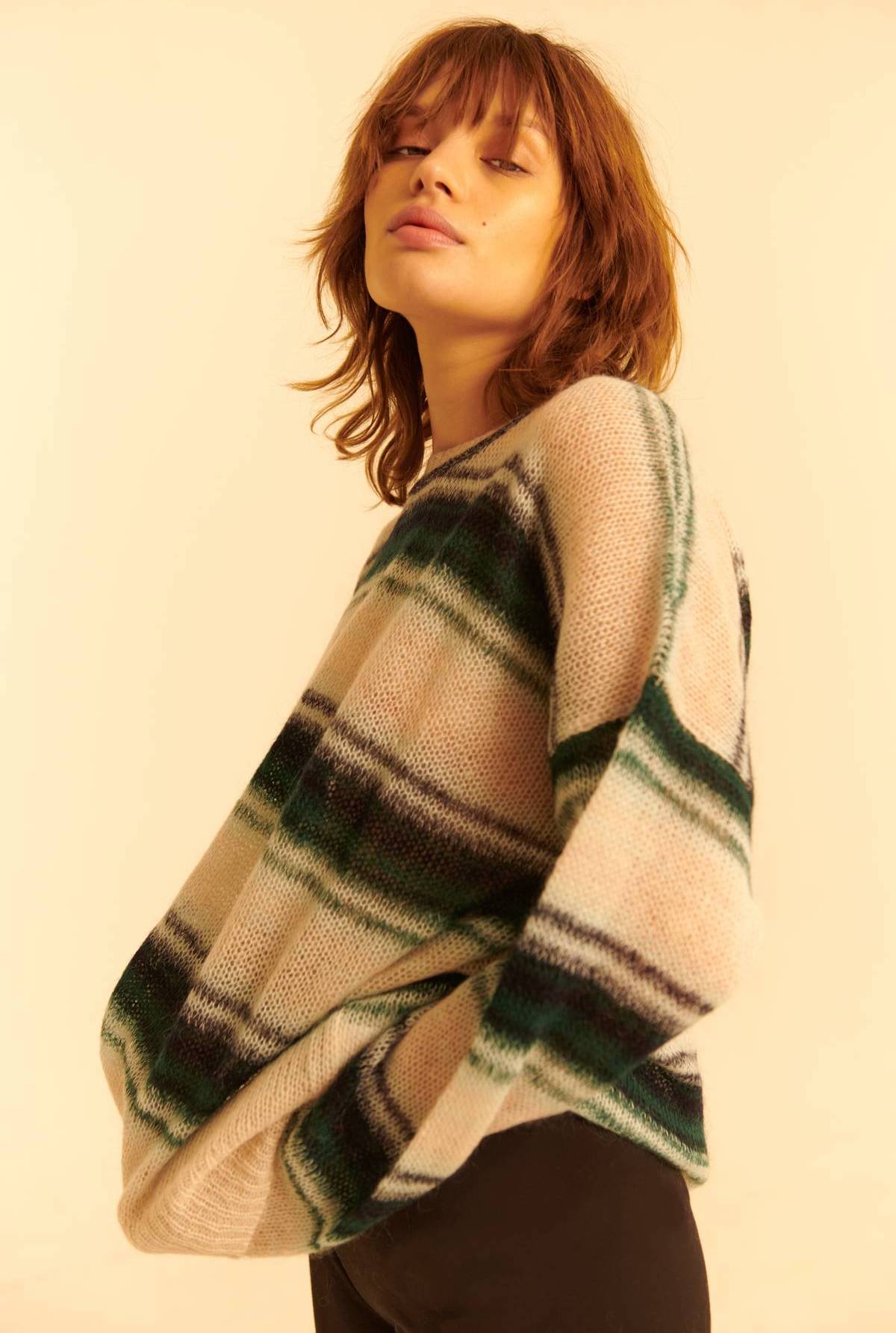 Blurry Stripe Mohair Blend Boxy Knit in Blue/Cream