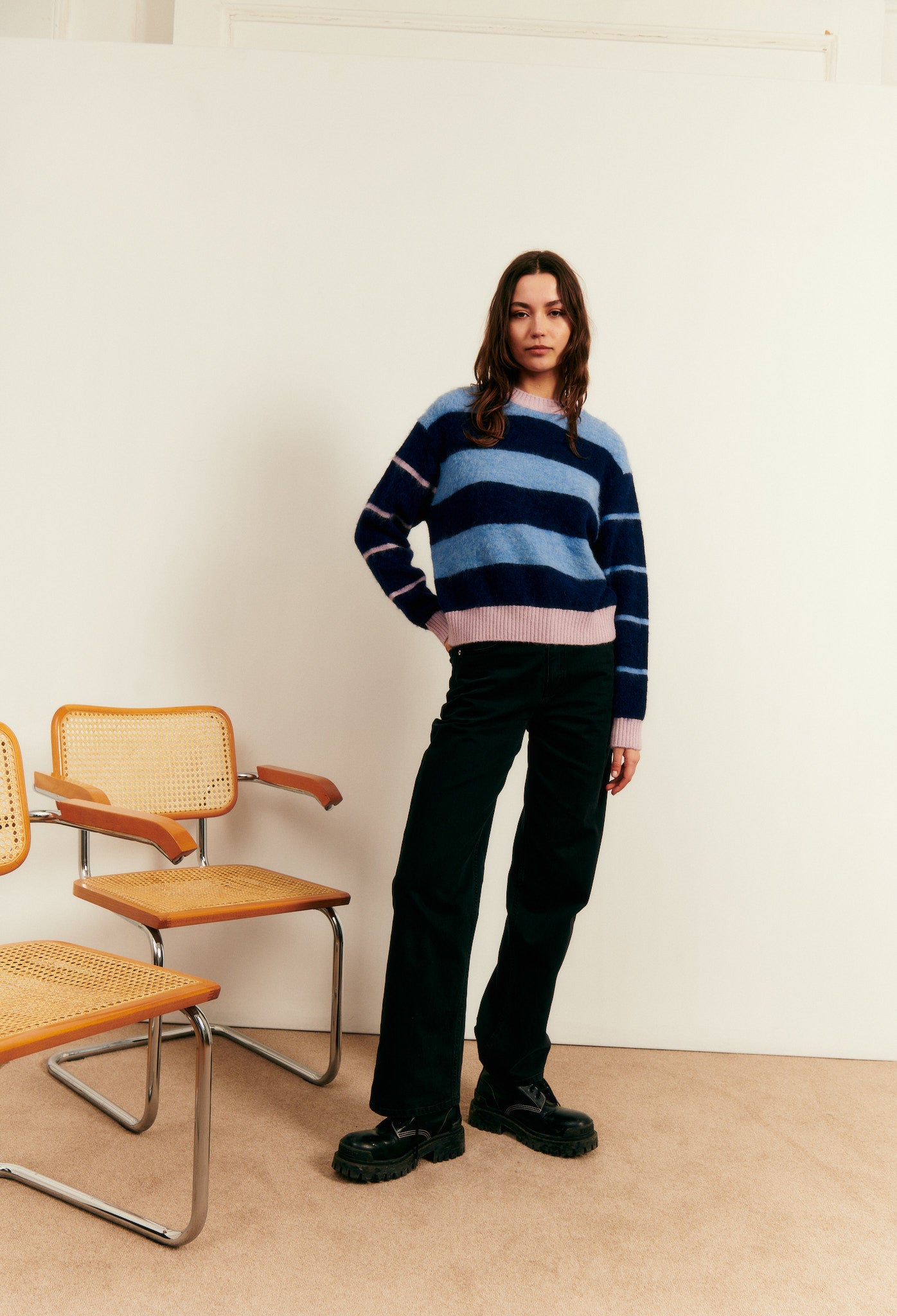 Brushed Alpaca Multi Stripes Knit in Blue