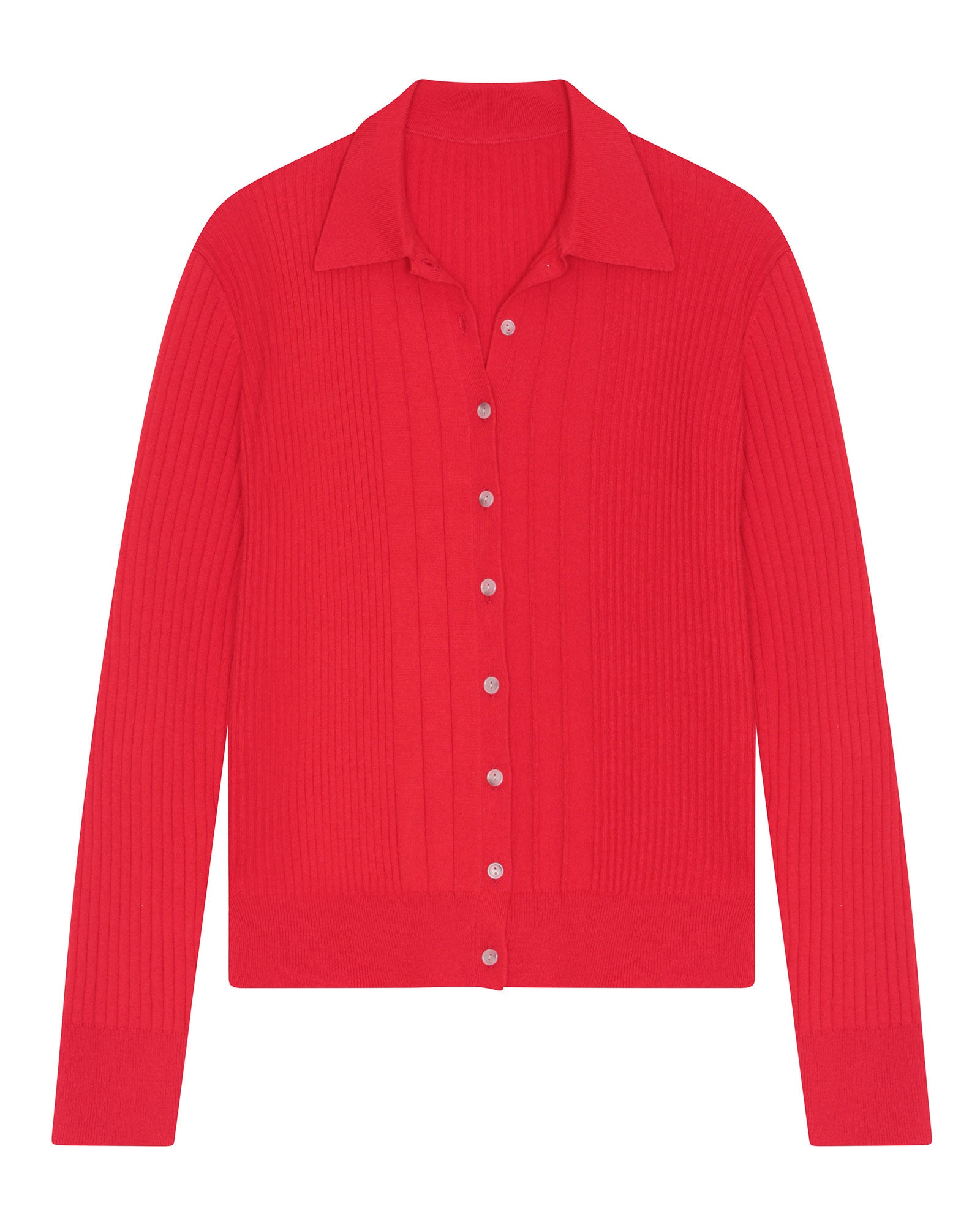 Ribbed Wool Long Sleeve Polo in Red