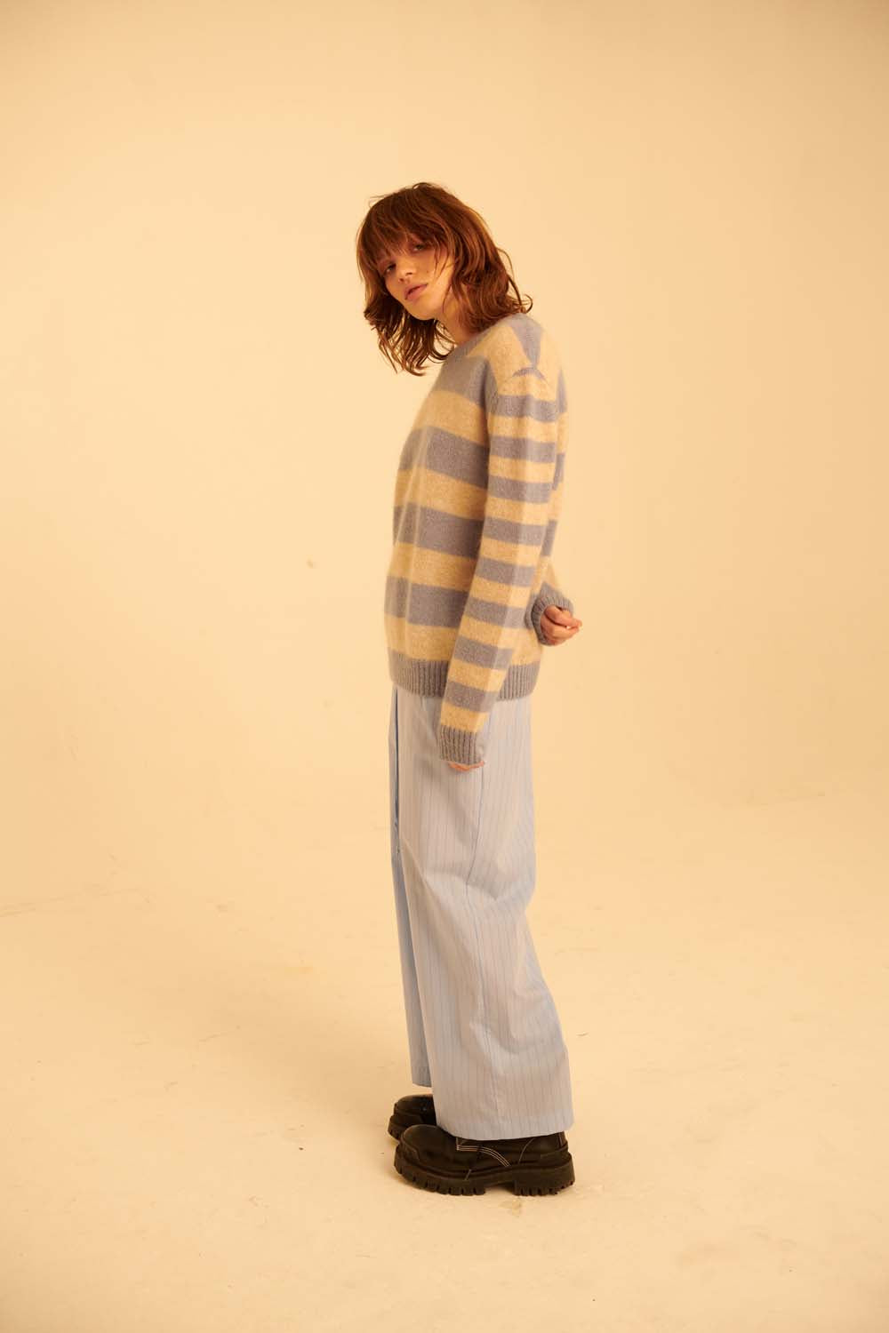 Striped Boxy Mohair Blend Knit in Blue/Cream