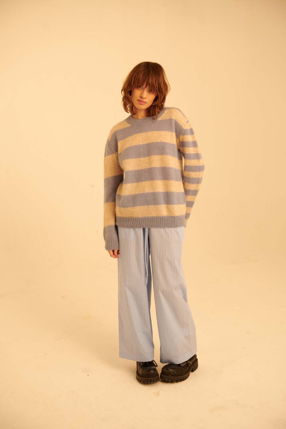 Striped Boxy Mohair Blend Knit in Blue/Cream